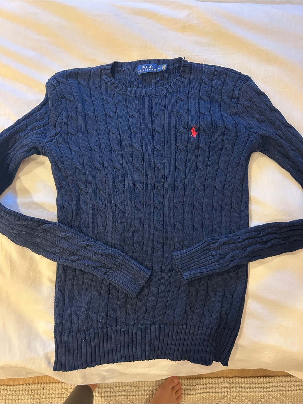 Polo by Ralph Lauren Navy Cable-Knit Crewneck with Red Polo Logo